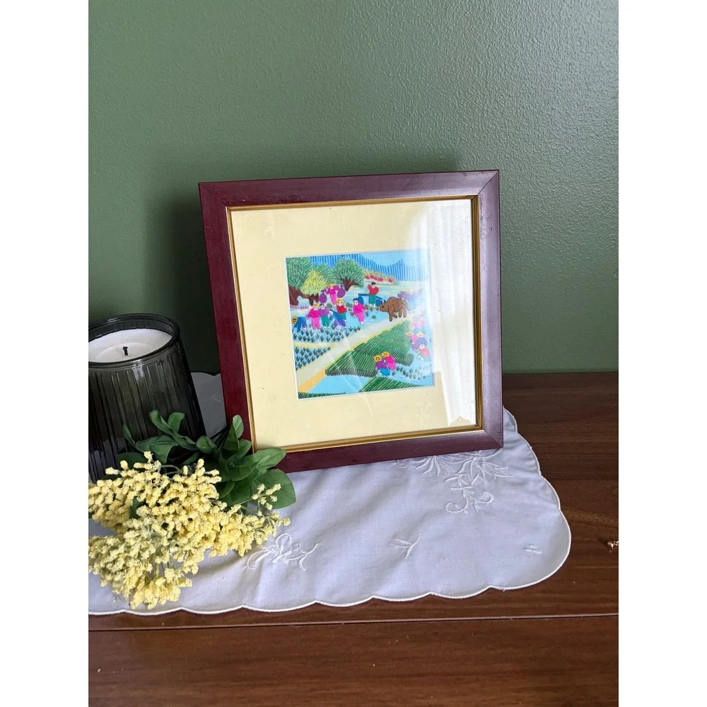 Vintage Asian Folk Art Silk Embroidery, Framed Rice Paddy Farm Scene